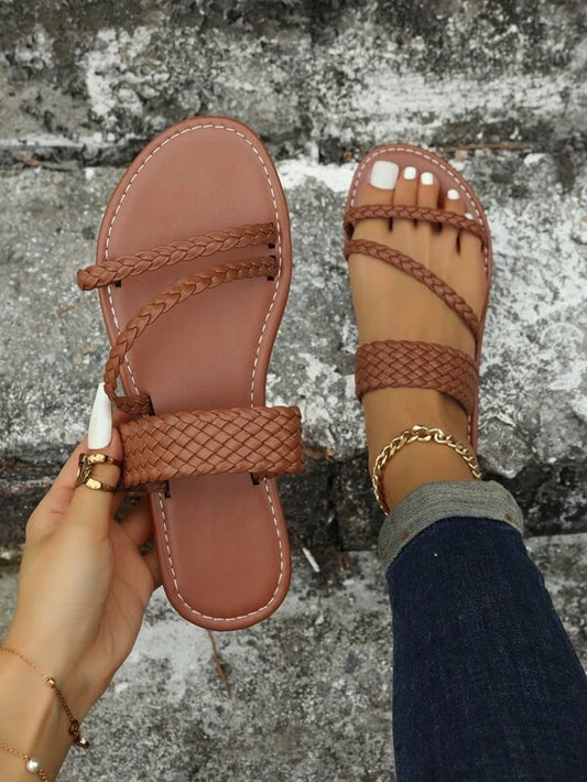 Women Braided Detail Flat Sandals, Fashionable Brown Slide Sandals