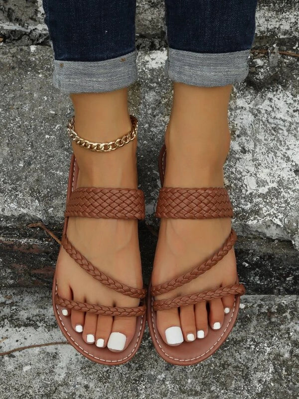 Women Braided Detail Flat Sandals, Fashionable Brown Slide Sandals