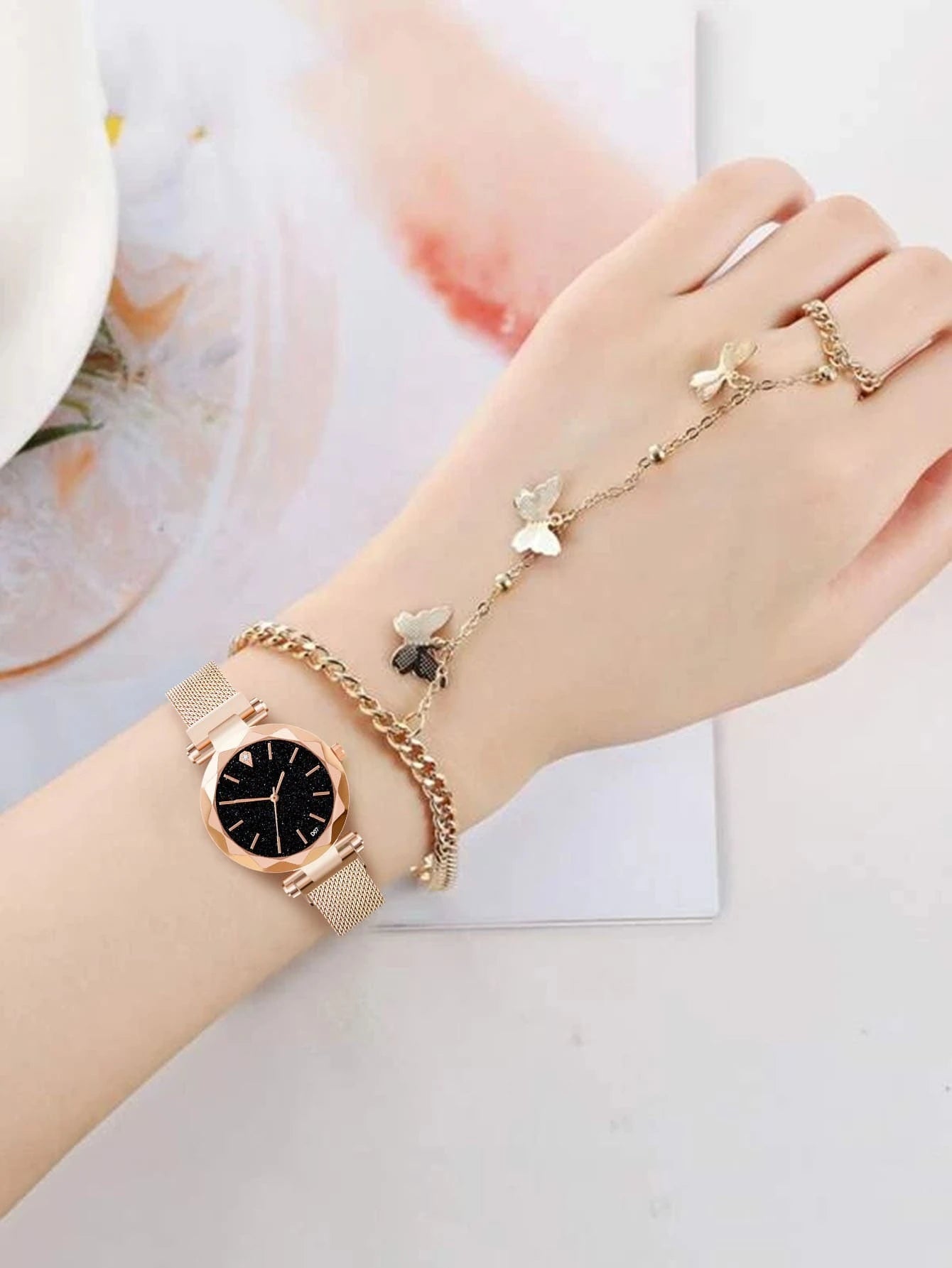 1pc Starry Sky Dial Mesh Strap Watch & 1pc Bracelet