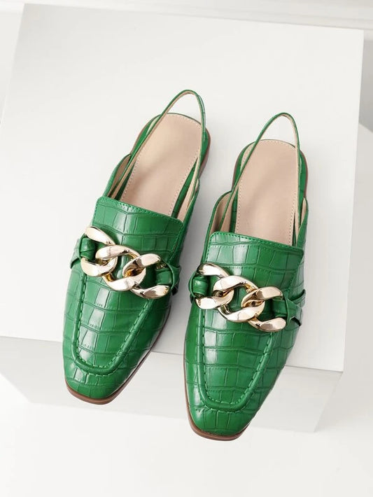 Women Crocodile Embossed Chain Decor Slingbacks Square Toe Fashion Flats Green