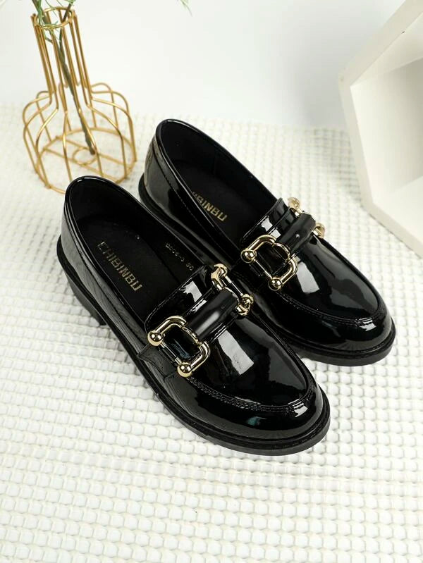 Women Metal Decor Loafers, Chunky Heeled Elegant Pumps