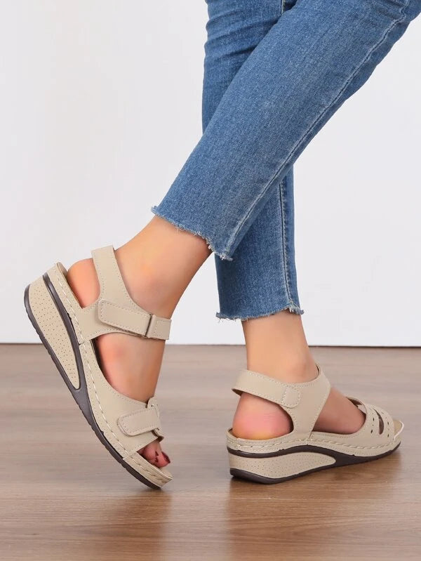 Hook-and-loop Fastener Ankle Strap Wedge Sandals