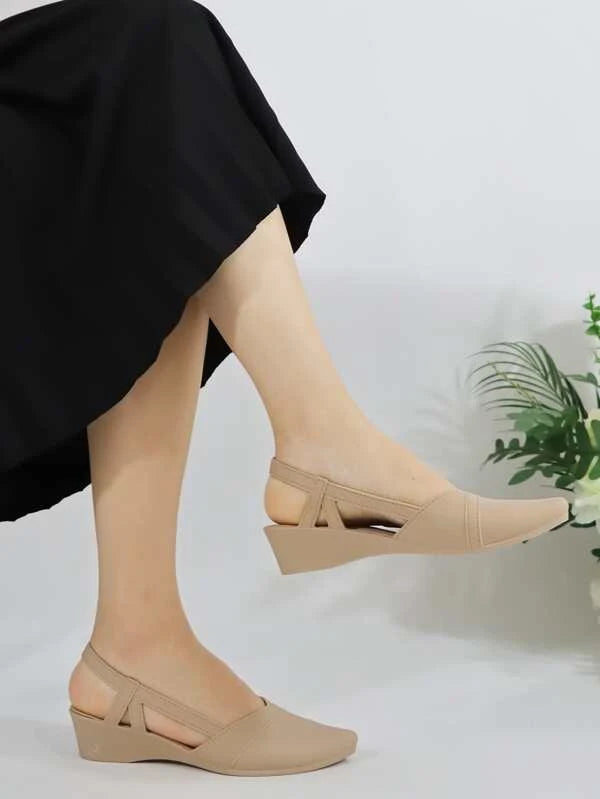 Women Stitch Detail Slingback Wedge Court Shoes, Elegant Outdoor PVC Wedge Shoes