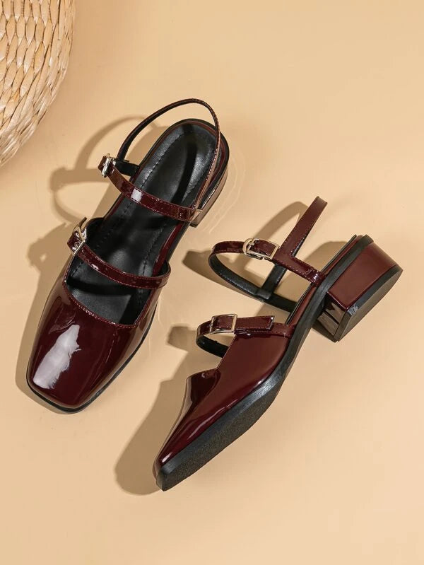 Artificial Patent Leather Square Toe Ankle Strap Pumps