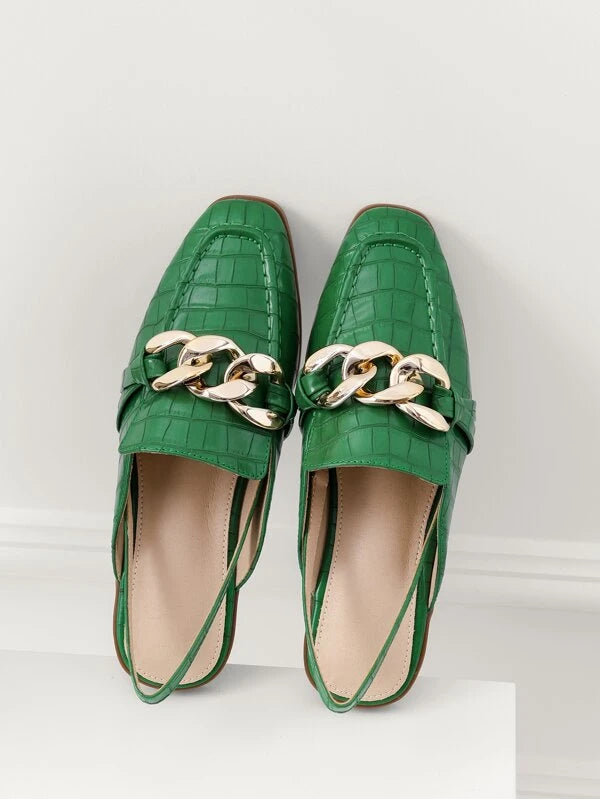 Women Crocodile Embossed Chain Decor Slingbacks Square Toe Fashion Flats Green