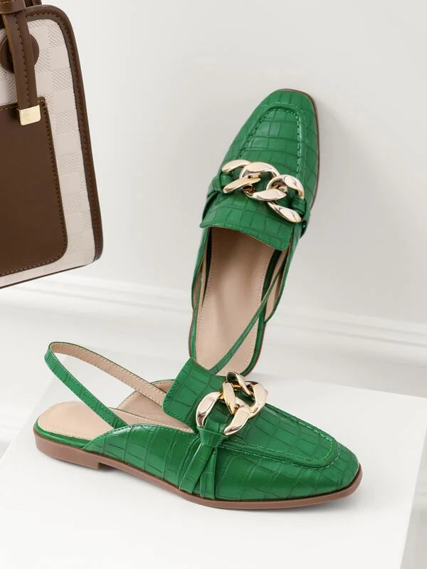 Women Crocodile Embossed Chain Decor Slingbacks Square Toe Fashion Flats Green