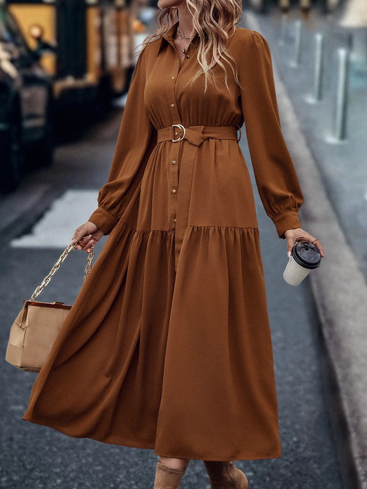 Lantern Sleeve Ruffle Hem Belted Shirt Dress