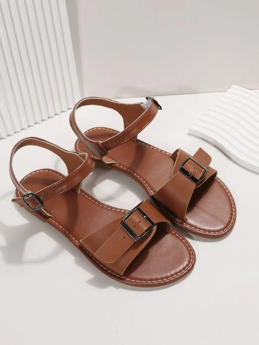 EMERY ROSE Women Buckle Decor Ankle Strap Sandals, Cool Summer Brown Flat Sandals