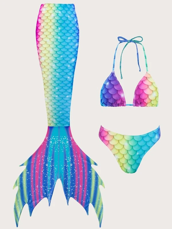 Fish Scales Print Bikini Swimsuit With Cover Up