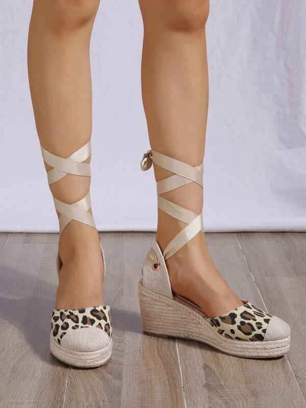 Leopard Pattern Tie Leg Design Espadrille Wedge Court Shoes