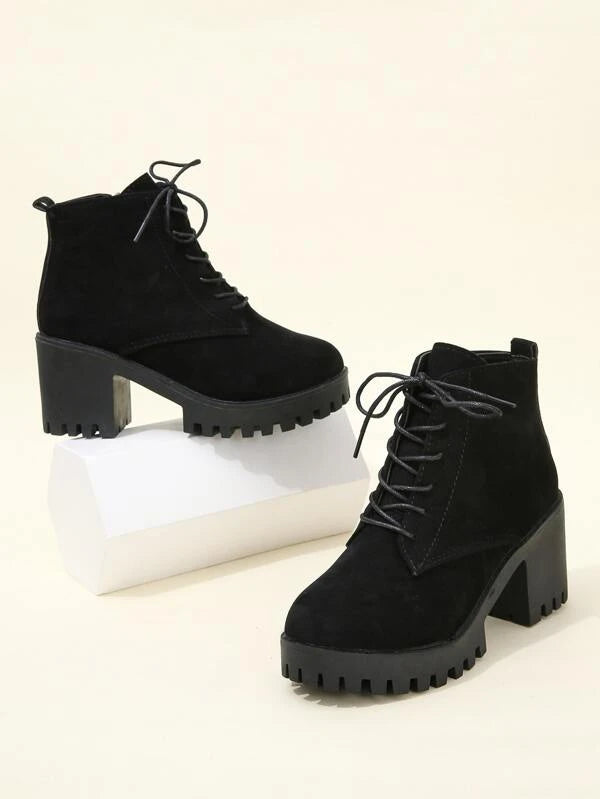 Side Zip Lace-up Front Faux Suede Boots