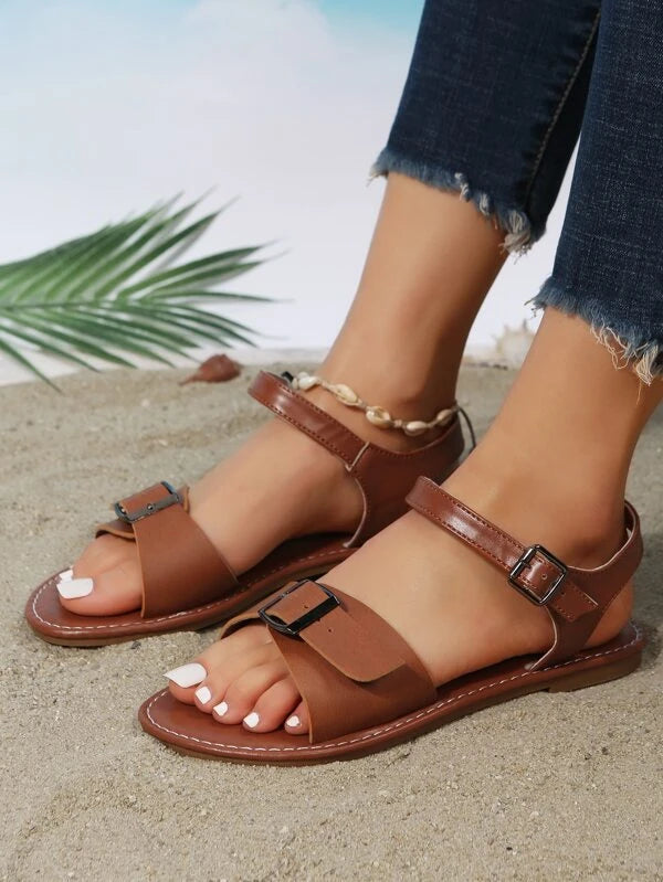 EMERY ROSE Women Buckle Decor Ankle Strap Sandals, Cool Summer Brown Flat Sandals