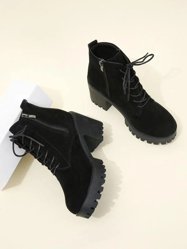 Side Zip Lace-up Front Faux Suede Boots