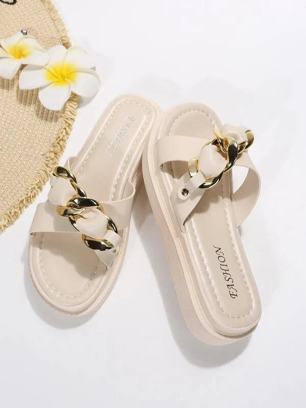 Women Chain Decor Criss Cross Slide Sandals, Fashionable Outdoor Flat Sandals