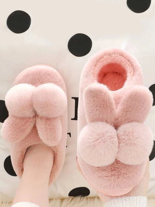 Pom Pom & Cartoon Ear Decor Novelty Slippers