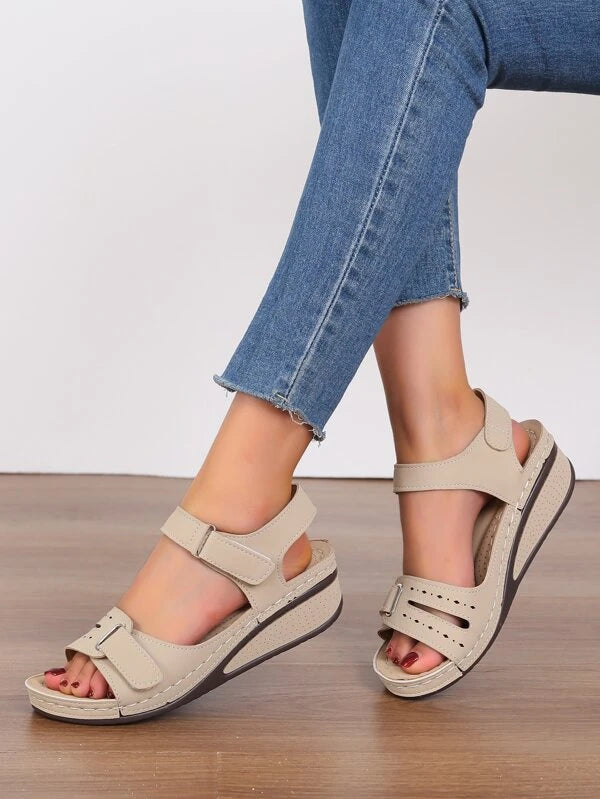 Hook-and-loop Fastener Ankle Strap Wedge Sandals