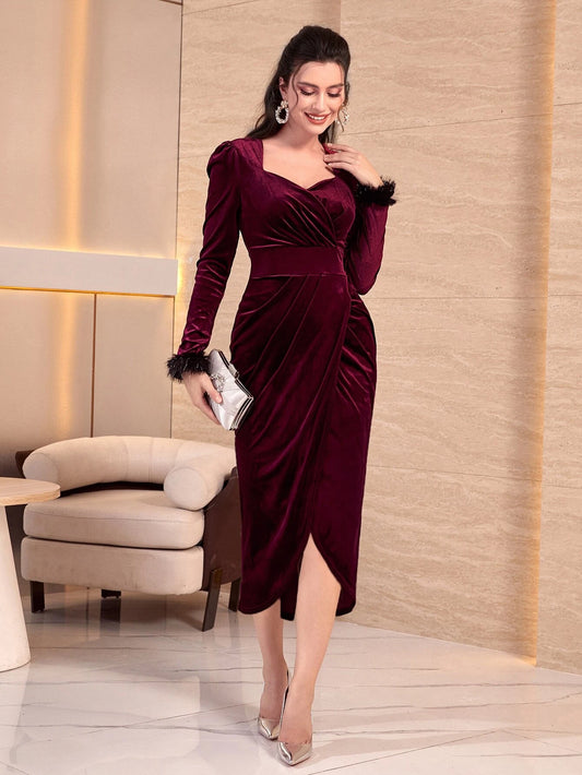 Fuzzy Cuff Sweetheart Neck Wrap Hem Velvet Dress