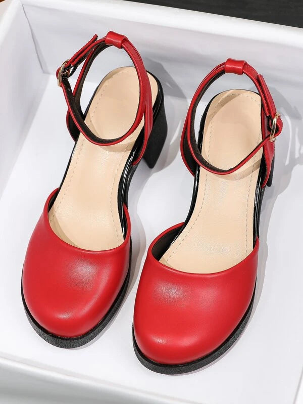 Fashion Red Ankle Strap Pumps For Women, Round Toe Chunky Heeled Pumps