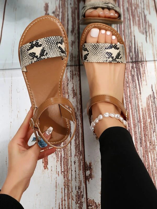 Women Snakeskin Embossed Ankle Strap Flat Sandals Elegant Ankle Strap Sandals