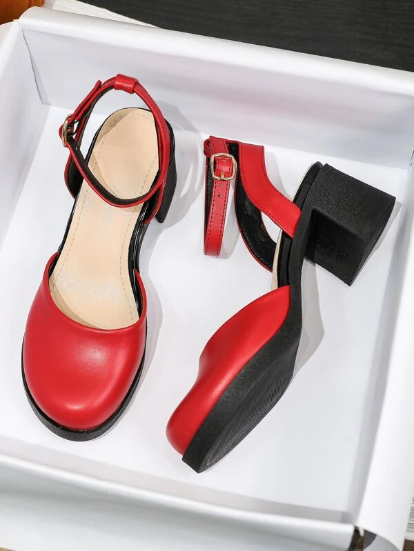 Fashion Red Ankle Strap Pumps For Women, Round Toe Chunky Heeled Pumps