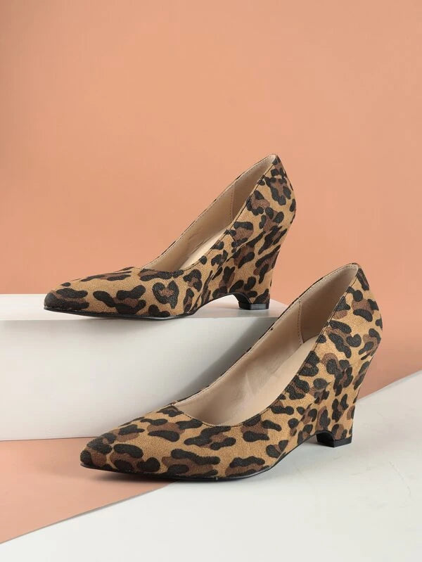 Leopard Pattern Point Toe Faux Suede Court Wedge Shoes