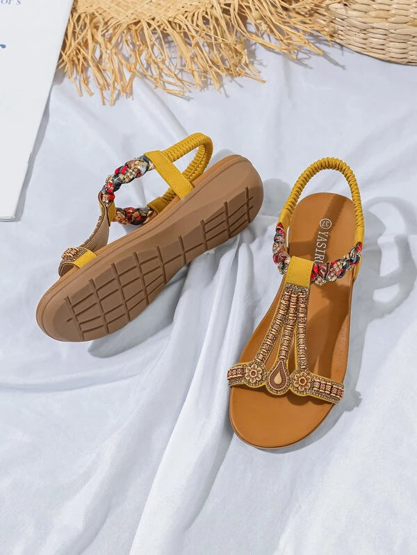EMERY ROSE Women Rhinestone Decor Flower Detail Slingback Sandals, Vacation Outdoor Flat Sandals