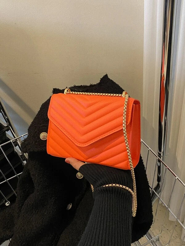 Mini Neon Orange Chevron Quilted Chain Flap Square Bag