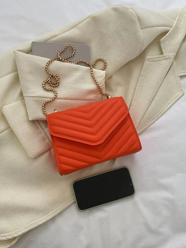Mini Neon Orange Chevron Quilted Chain Flap Square Bag