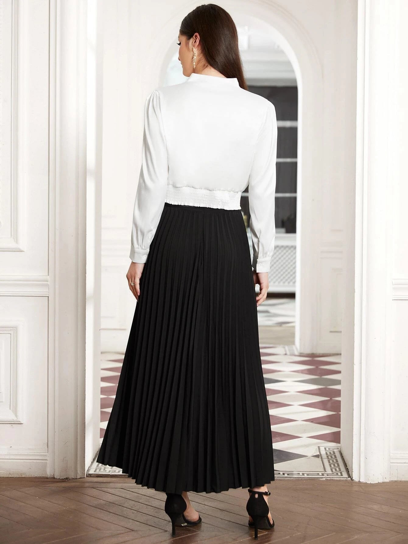 Solid Notch Neck Blouse & Pleated Skirt With Belt