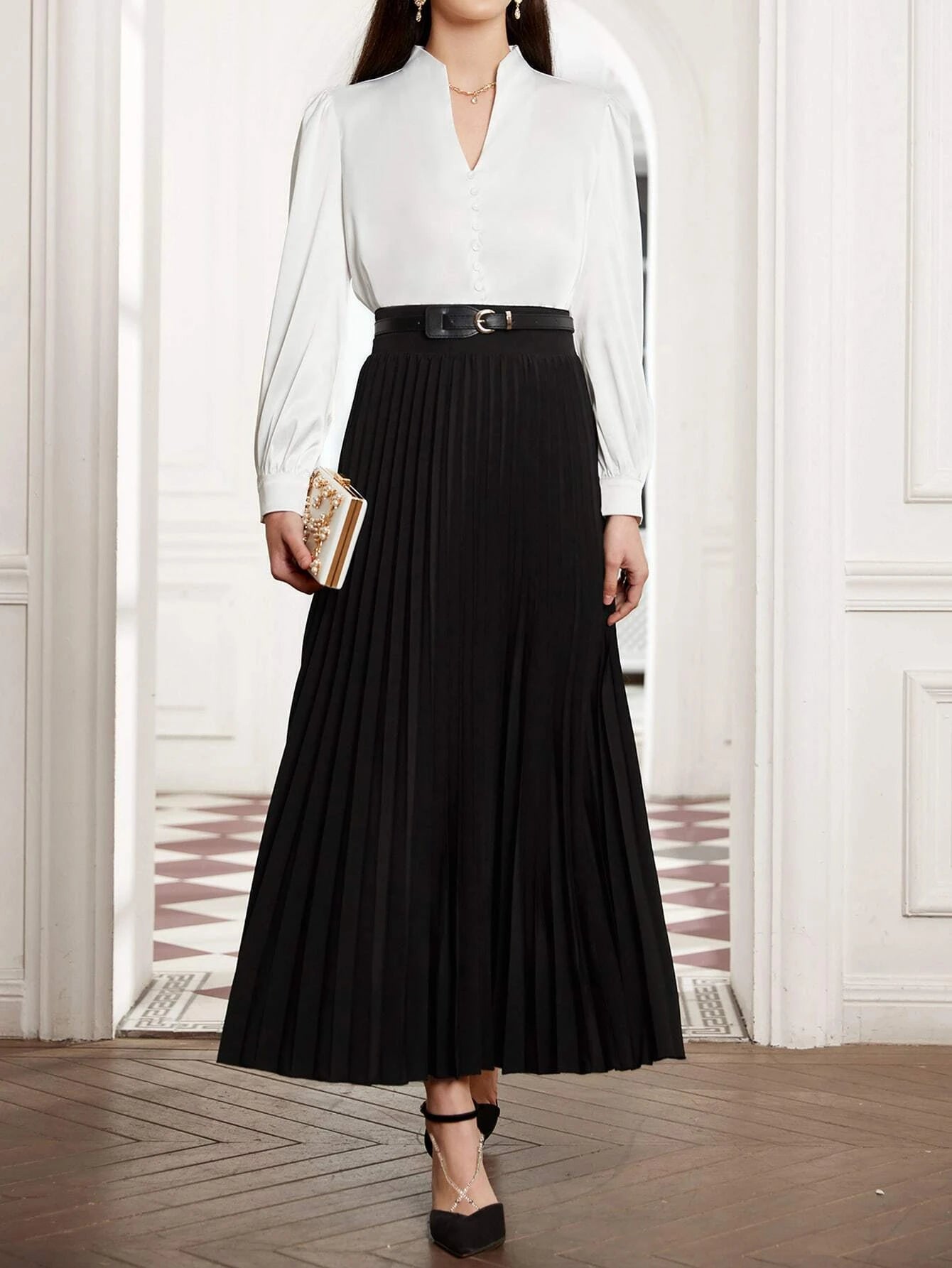 Solid Notch Neck Blouse & Pleated Skirt With Belt