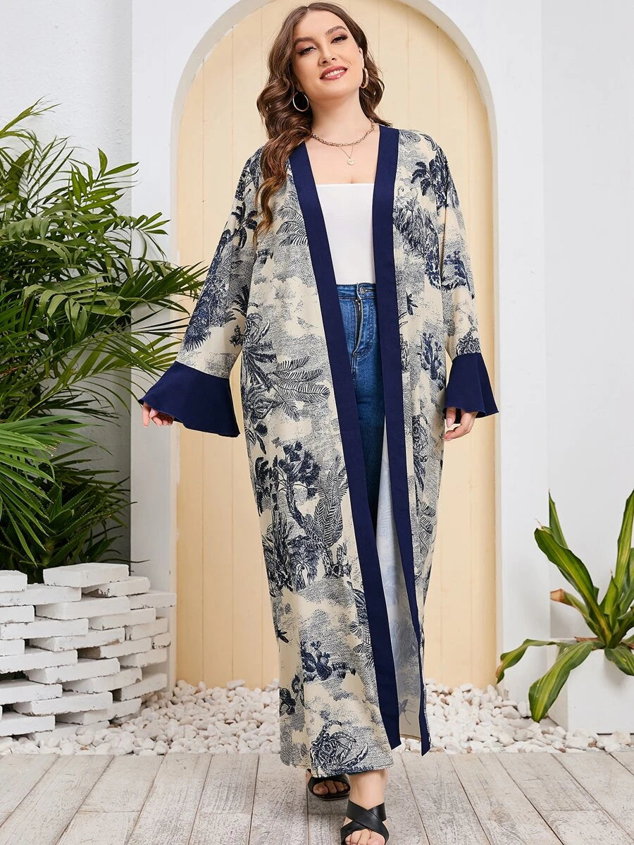 SHEIN Najma Plus Plant & Floral Print Flounce Sleeve Abaya