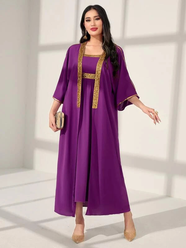 SHEIN Najma Contrast Sequin Open Front Abaya & Dress Set