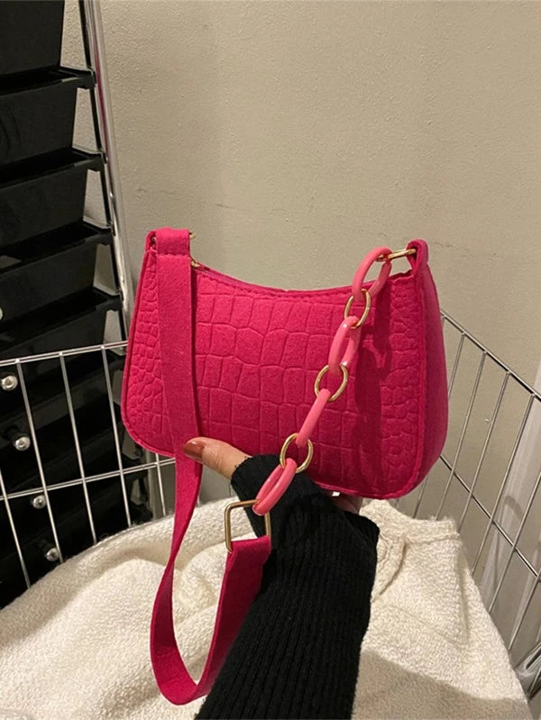 Mini Neon-pink Crocodile Embossed Hobo Bag