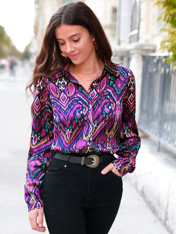Frenchy Allover Print Button Front Satin Shirt