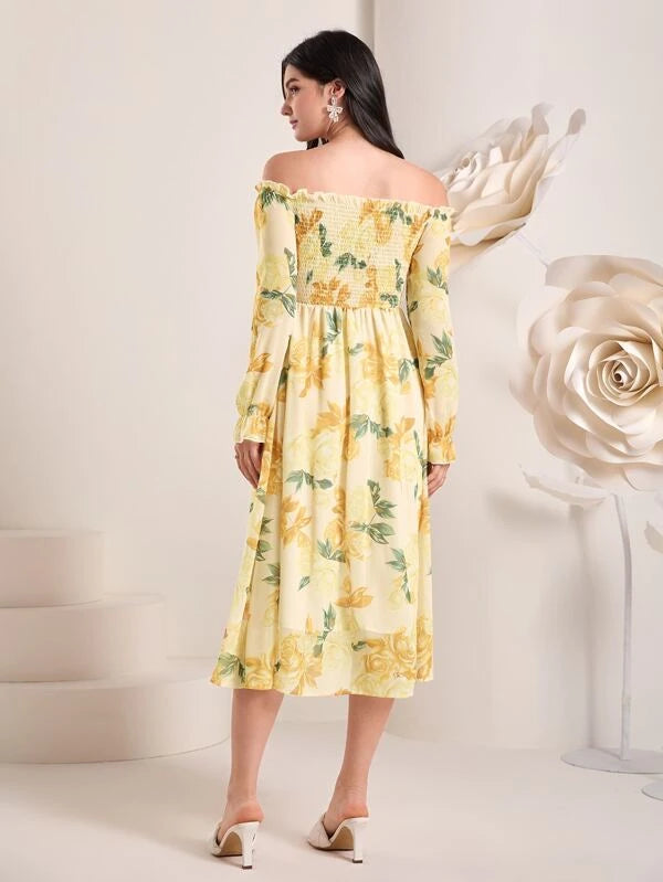 Floral Print Off Shoulder Flounce Sleeve Dress