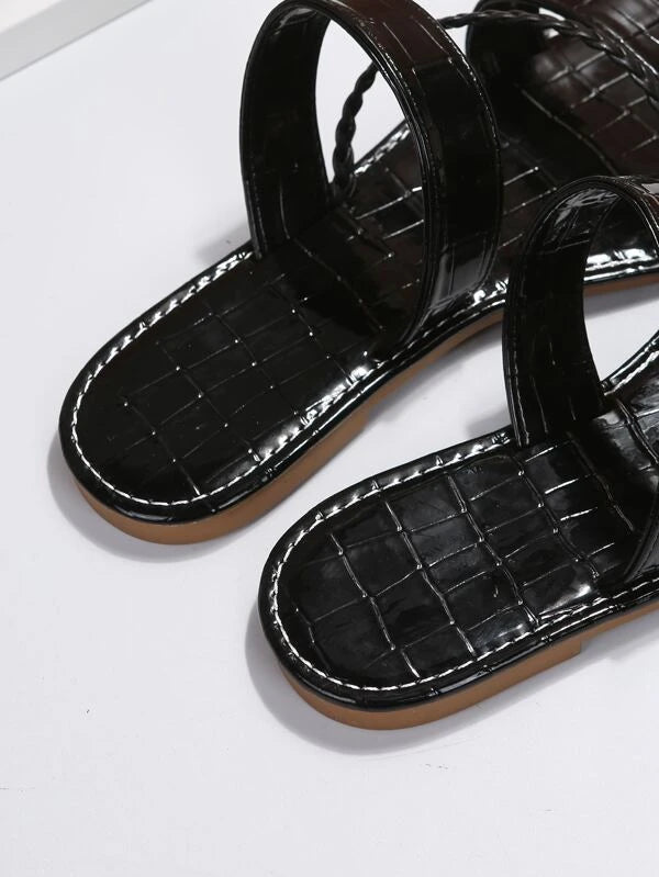 Crocodile Embossed Braided Detail Slide Sandals