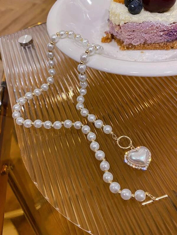 Rhinestone & Faux Pearl Heart Charm OT Buckle Necklace
