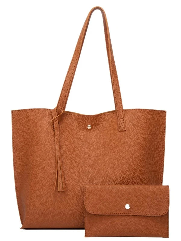 Litchi Embossed Shoulder Tote Bag With Purse
