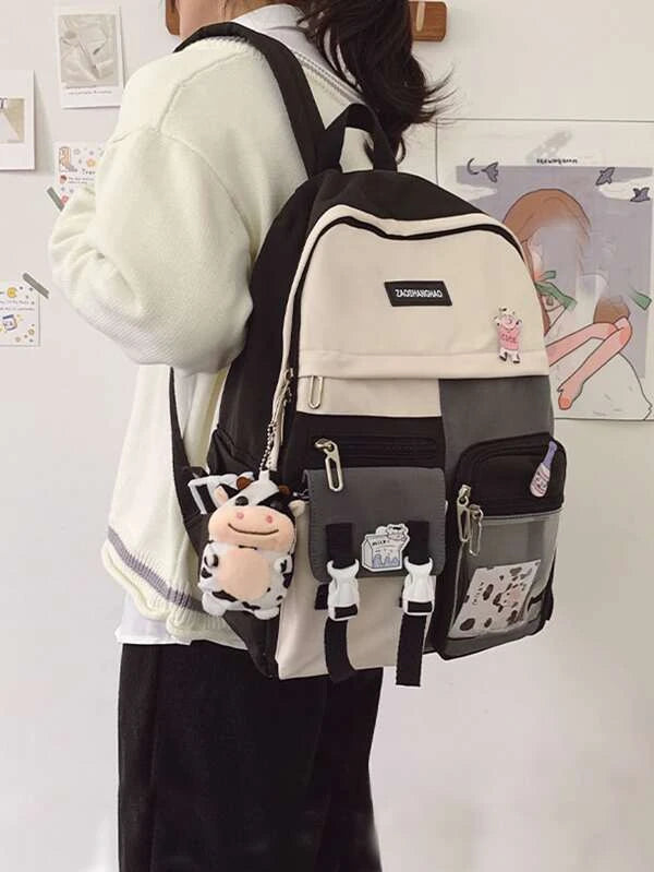 Colorblock Large Capacity Backpack With Random Bag Charm