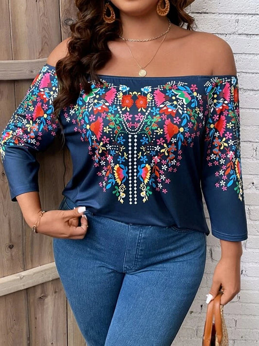 Plus Floral Print Off Shoulder Tee