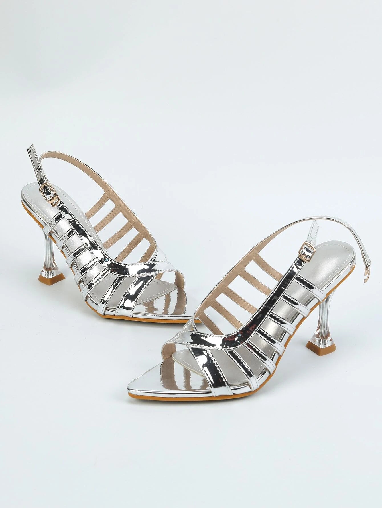 Women Metallic Cut Out Heeled Sandals, Glamorous Party Slingback Sandals