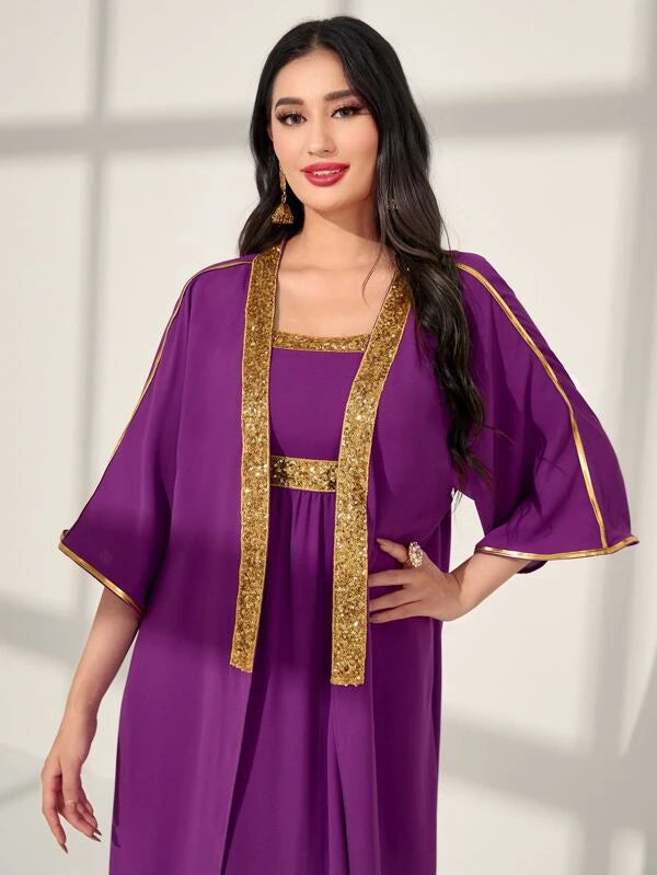 SHEIN Najma Contrast Sequin Open Front Abaya & Dress Set