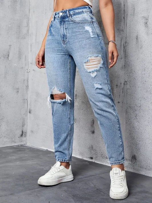 Zipper Fly Ripped Mom Jeans