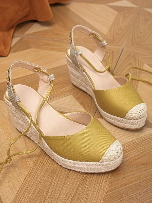 Women Two Tone Tie Leg Design Espadrille Sole Shoes, Vacation Outdoor Canvas Strappy Court Wedges