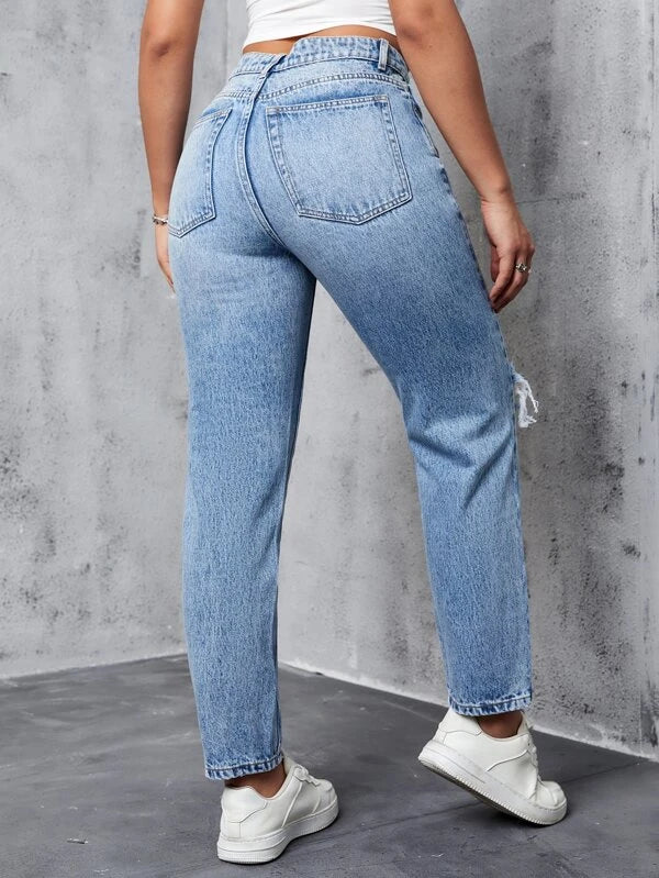 Zipper Fly Ripped Mom Jeans