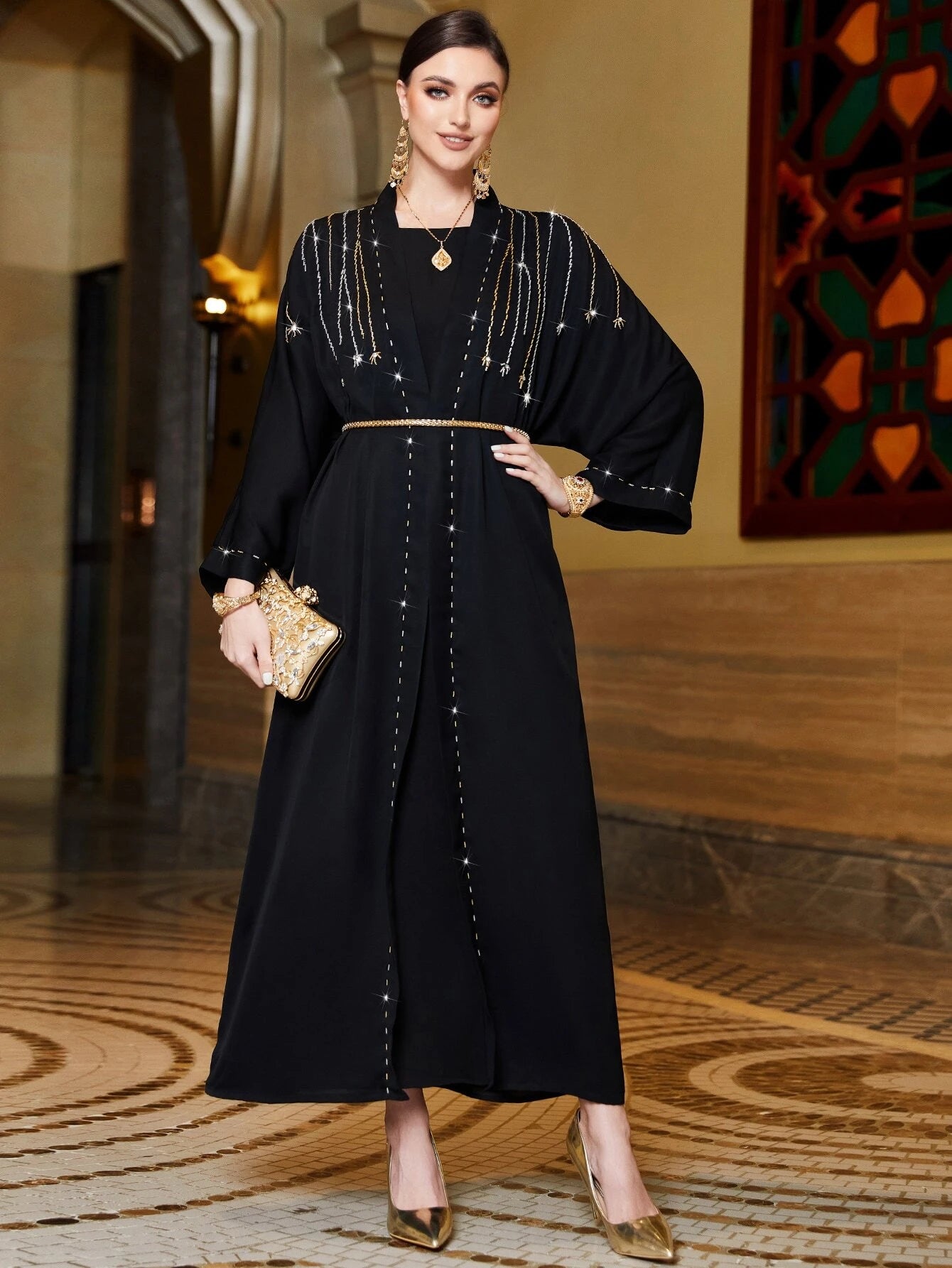 SHEIN Najma Rhinestone Detail Batwing Sleeve Belted Abaya & Dress