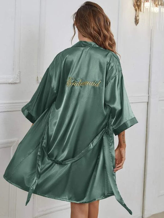 Letter Embroidered Belted Satin Robe