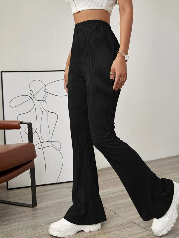 SHEIN EZwear Solid Ribbed Flared Leg Pants