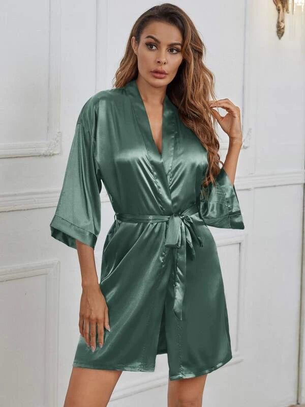 Letter Embroidered Belted Satin Robe