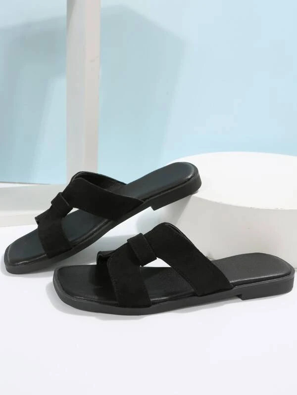 Elegant Black Slide Sandals Women Faux Suede Flat Sandals